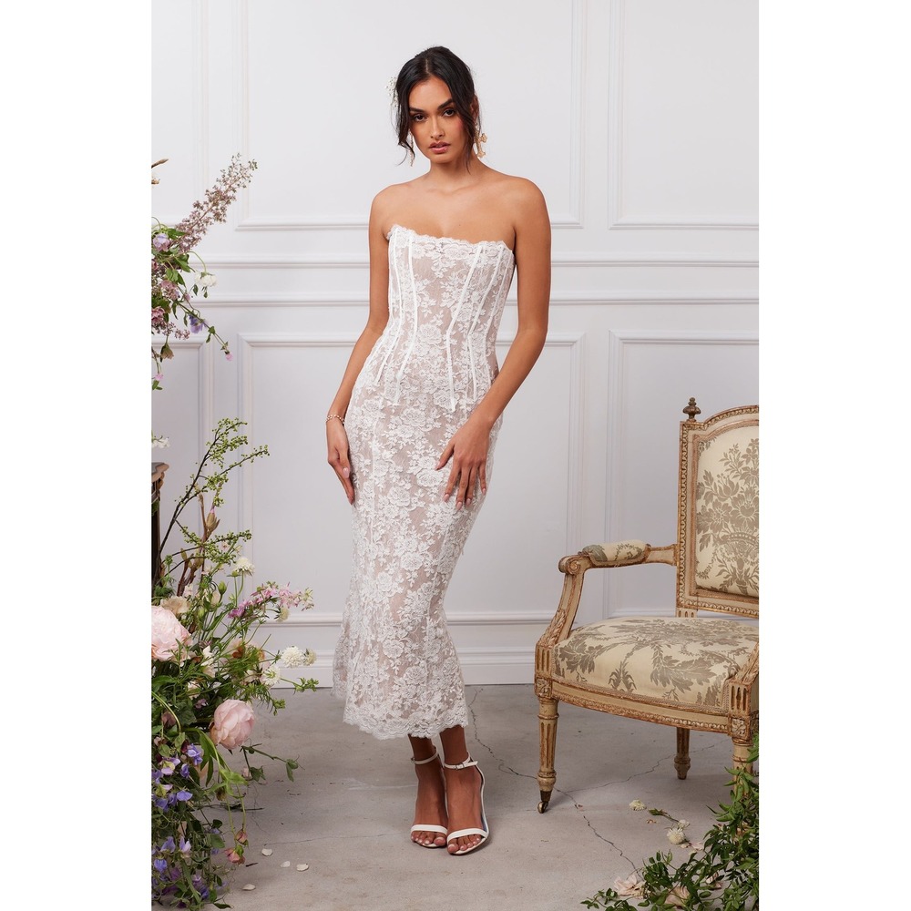 V. Chapman Capulet Midi Dress White Chantilly Lace Corset Bridal Wedding Size 6